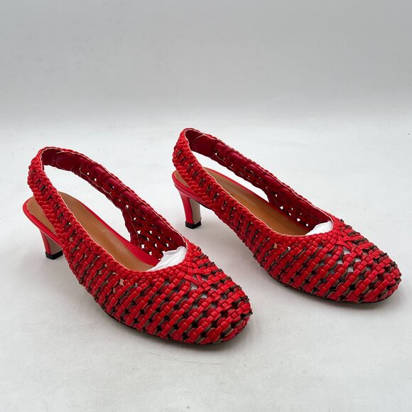 Wo Wagas Red Slingback Strap Square Toe Pump Slip On Low Kitten Heels Sandals - Picture 4 of 8